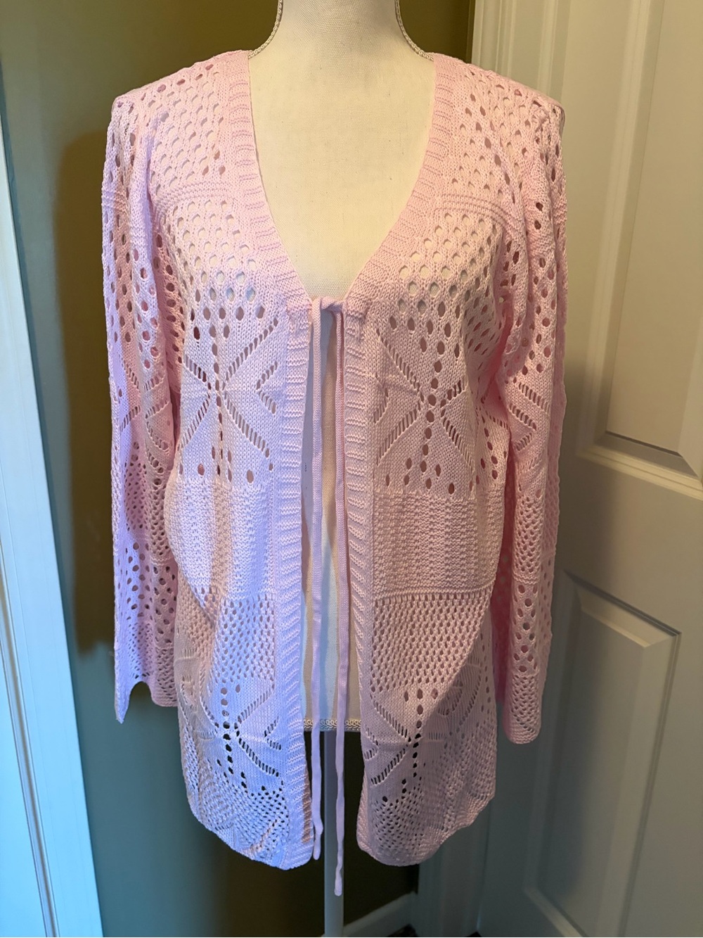 Light Pink Openwork Tie-Front Women's Sweater Cardigan